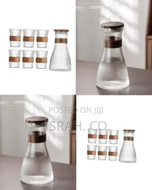 Elegant Ribbed Glass Carafe Tumbler Set With Wooden