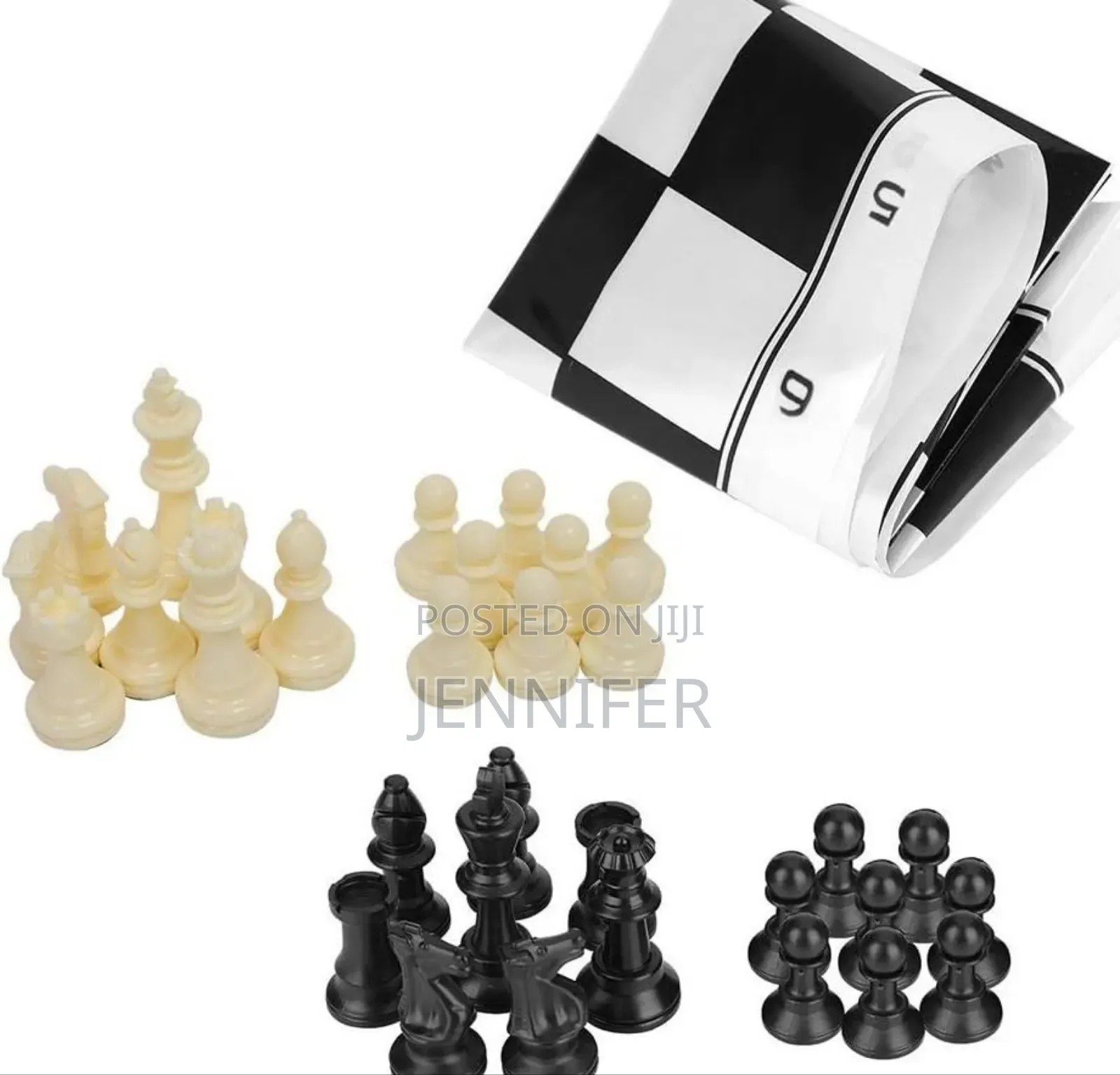 Portable Roll-Up Chess Set With Plastic Pieces.