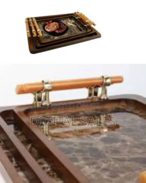 Elegant Nested Serving Trays With Marble-Look Inlay and Natural Handle