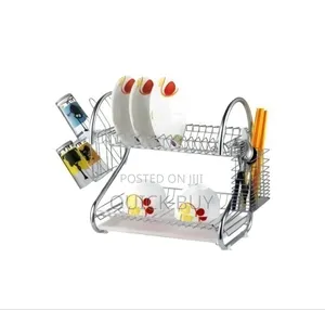 2 Tier Steel Plate Dish Drying Draining Rack Storage Organizer, Silver