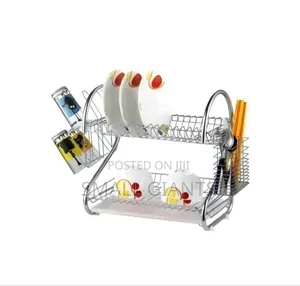 2 Tier Steel Plate Dish Drying Draining Rack Storage Organizer, Silver