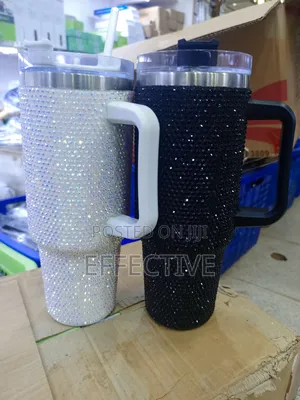 40 Oz Rhinestone-Studded Stainless Tumbler With a Handle and Straw.