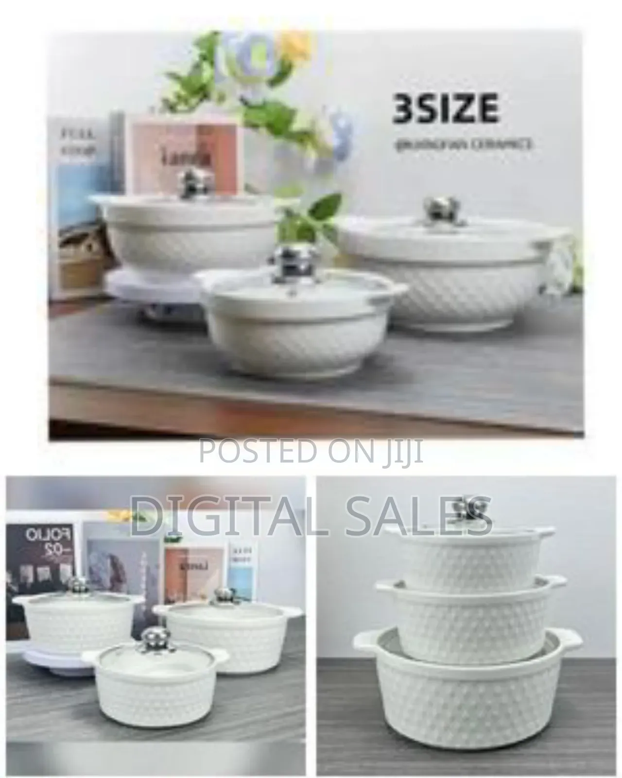 3 Pieces Ceramic Dinner Serving Bowls With Glass