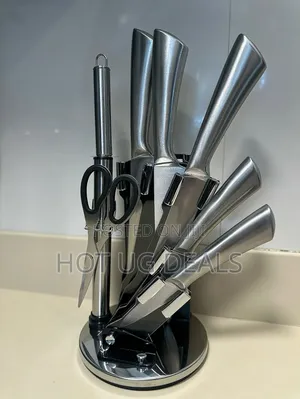 7 Piece Kitchen Knife Set On A Rotating Plate Stand - Silver