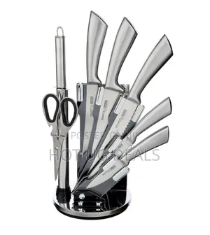 7 Piece Kitchen Knife Set On A Rotating Plate Stand - Silver