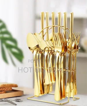 24pcs Hardcutlery (Forks,Spoons Knives) With A Stand –Gold