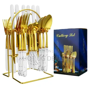 24pcs Stainless Steel Cultery Set With Stand- Gold/White