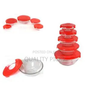 5 Piece Glass Bowl Set With Matching Red Plastic Lids