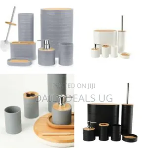 Six-Piece Modern Bathroom Accessory Set With Natural Wood Accents
