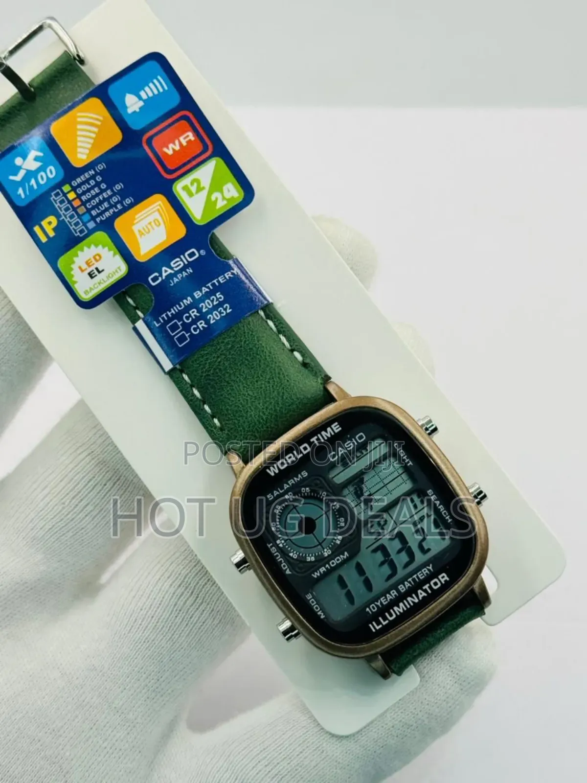 Casio Illuminator Digital Wristwatch With A Green Leather Strap