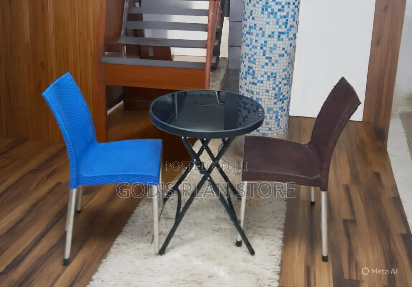 Dining Glass Table and 2 Textured Steel Legs Plastic Chairs