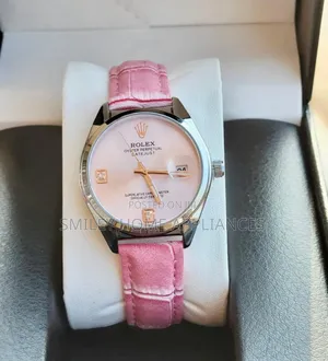 Pink Leather Strapped Women's Analog Rolex Wrist Time Wear at Discount
