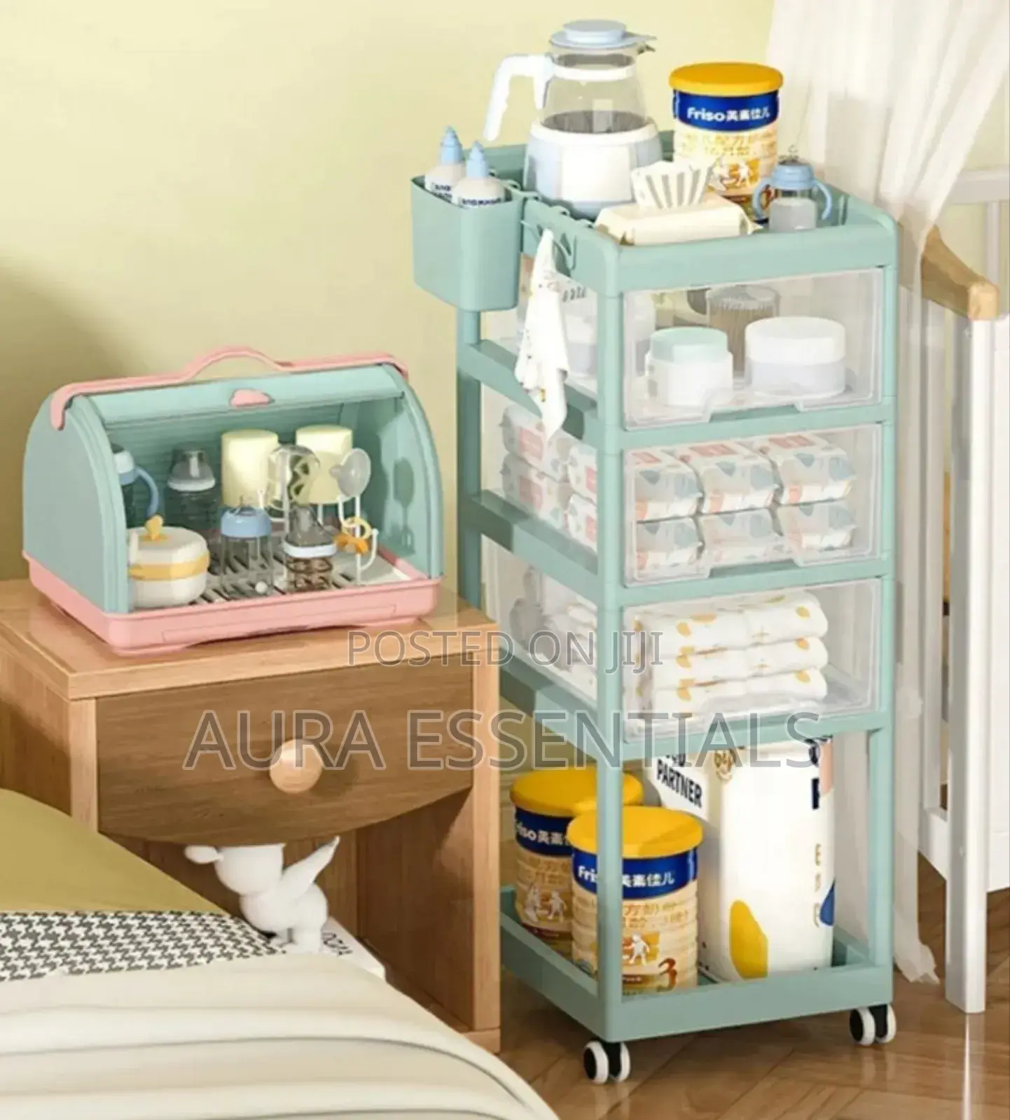 Multi-Layer Mobile Baby Organizing Cart With a Detachable Box