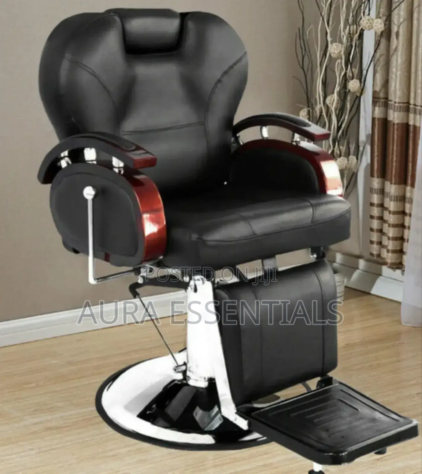 Black Barber Chair With Wooden Armrests