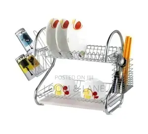 2 Tier Steel Plate Dish Drying Draining Rack Storage Organizer, Silver