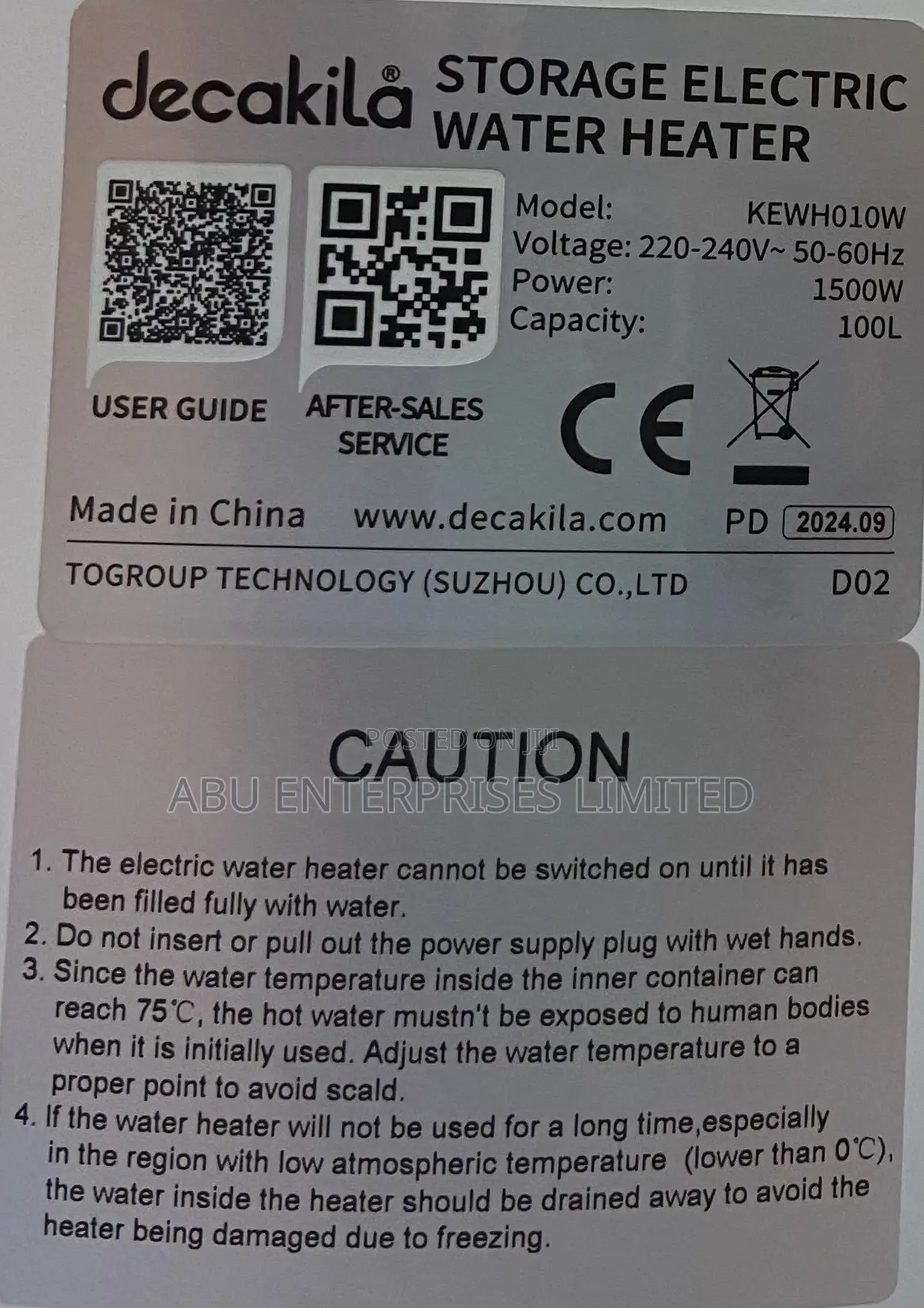 Decakila Storage Electric Water Heater 100lts