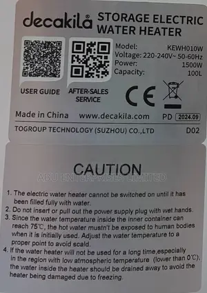 Decakila Storage Electric Water Heater 100lts