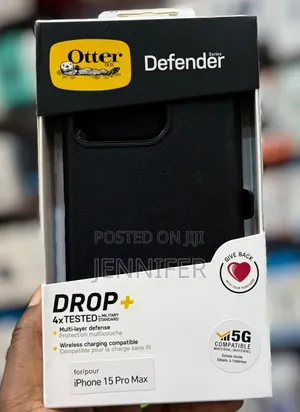 Otterbox Defender Series Case for the iPhone 15 Pro Max in Black.