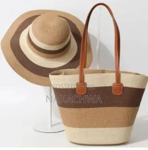 Womens Striped Straw Hat And Tote Bag Set
