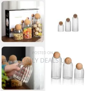 Ribbed Glass Storage Jars With Cork Lids (Set of 3) - Transparent