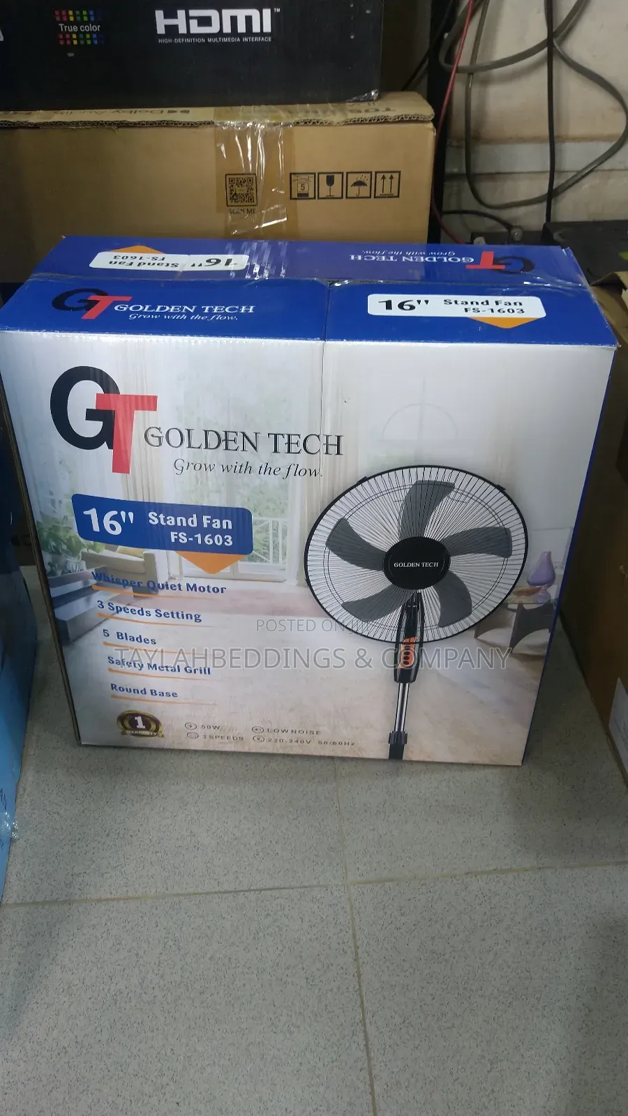 Golden Tech Stand Fan 16 Inch Five Blades Adjustable Height, Black