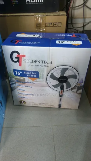 Golden Tech Stand Fan 16 Inch Five Blades Adjustable Height, Black