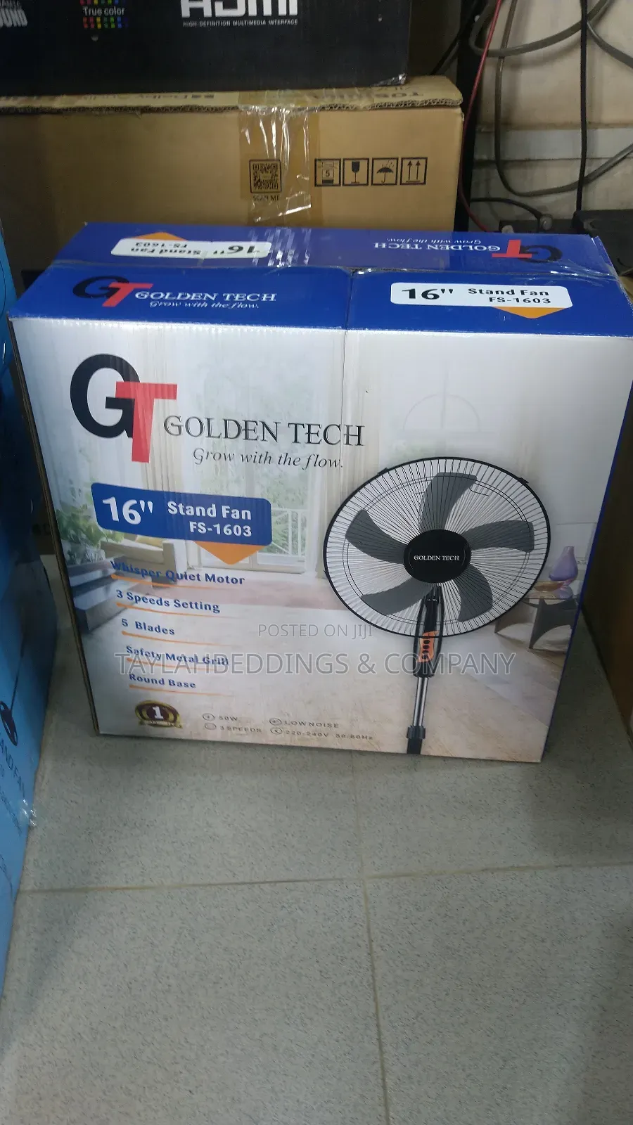 Golden Tech Stand Fan 16 Inch Five Blades Adjustable Height, Black