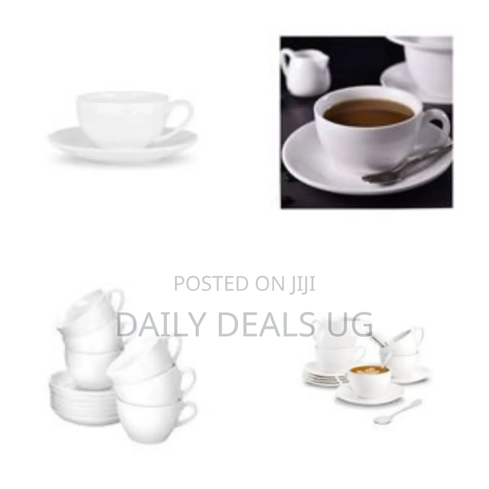 Set of 6 White Ceramic Coffee/Tea Cups, Saucers and Spoons