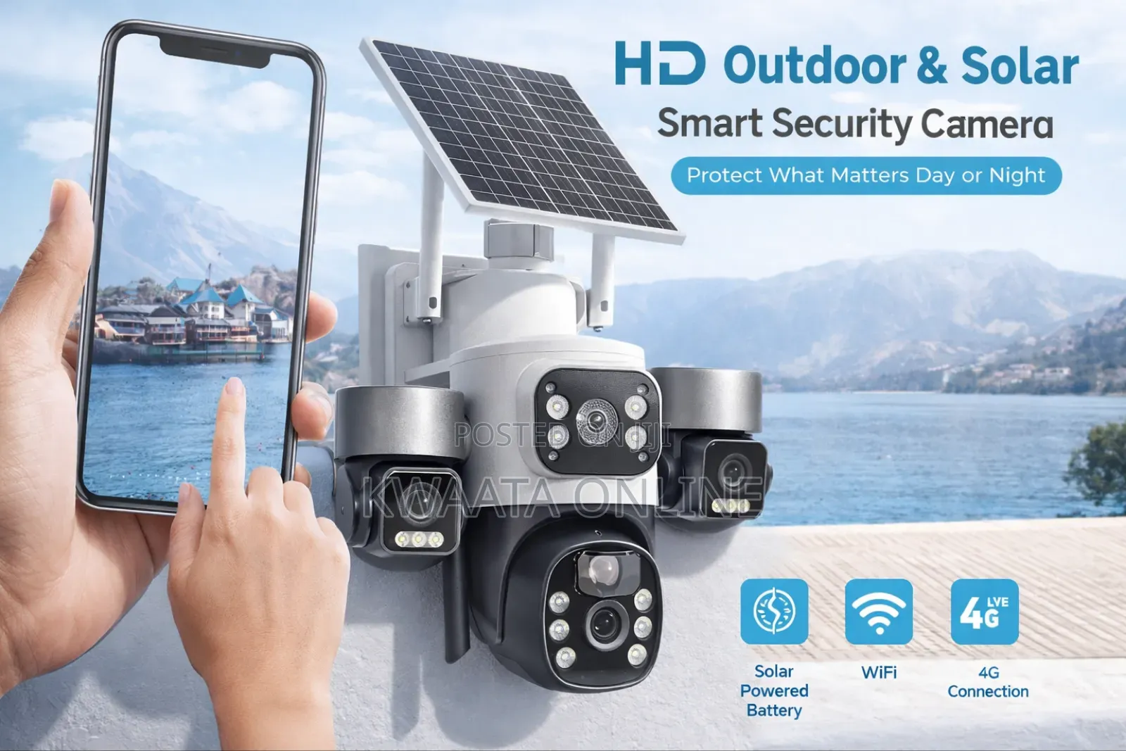 4g Sim Card Solar Powered Wifi Security Surveillance 360°Triple Camera