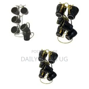 Elegant Black Gold Ripple Design Coffee/Tea Cup Set With Stand