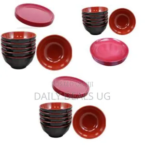 12 Piece Set Serving Bowls and Dinner Plates-Red/Black