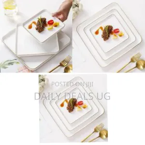 Elegant Square White Ceramic Dinner Plates With Gold Rim - Multicolor