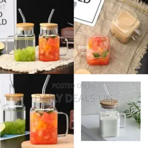 6-Piece Set of Modern Glass Mason Jar Drinking Mugs With Bamboo Lids