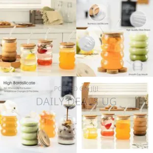 Unique Ribbed Glass Tumbler Set With Bamboo Lids, 520ml (6 Pieces)