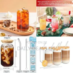 Set of 6 Clear Glass Can-Shaped Drinking Glasses With Bamboo Lids