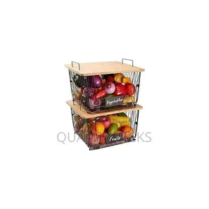 2 Set XXL Stackable Wire Basket With Bamboo Tops