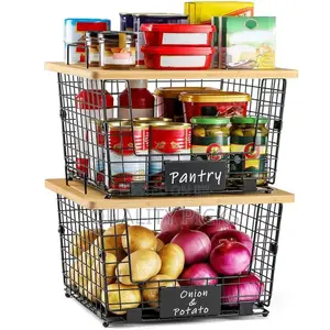 2 Set XXL Stackable Wire Basket With Bamboo Tops