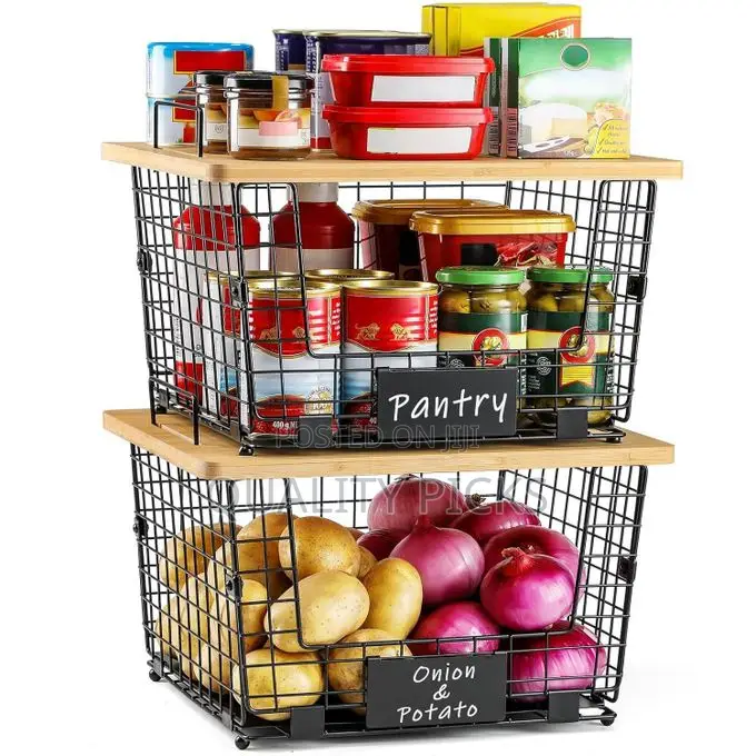 2 Set XXL Stackable Wire Basket With Bamboo Tops