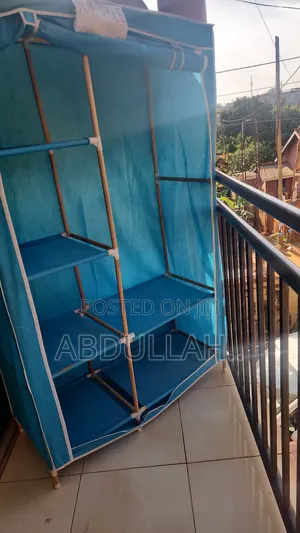 2 Column Cloth Wooden Frame Wardrobe- Blue