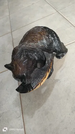 Vintage Japanese Ainu Hand-Carved Wooden Bear With a Salmon.