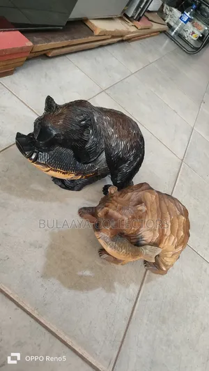 Hand-Carved Wooden Bear With a Fish, a Traditional Japanese Folk Craft