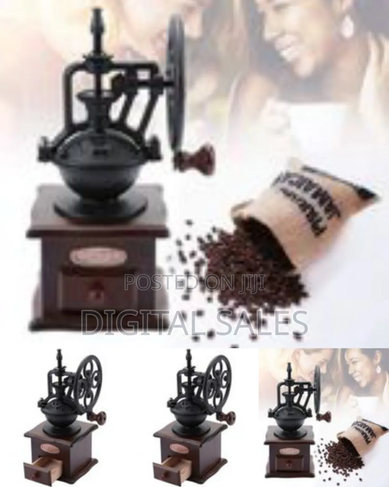 Vintage Manual Crank Coffee Grinder With Wooden Base