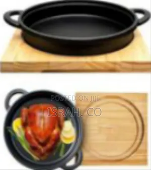 Premium Cast Iron Roasting Pan With Protective Wooden Base