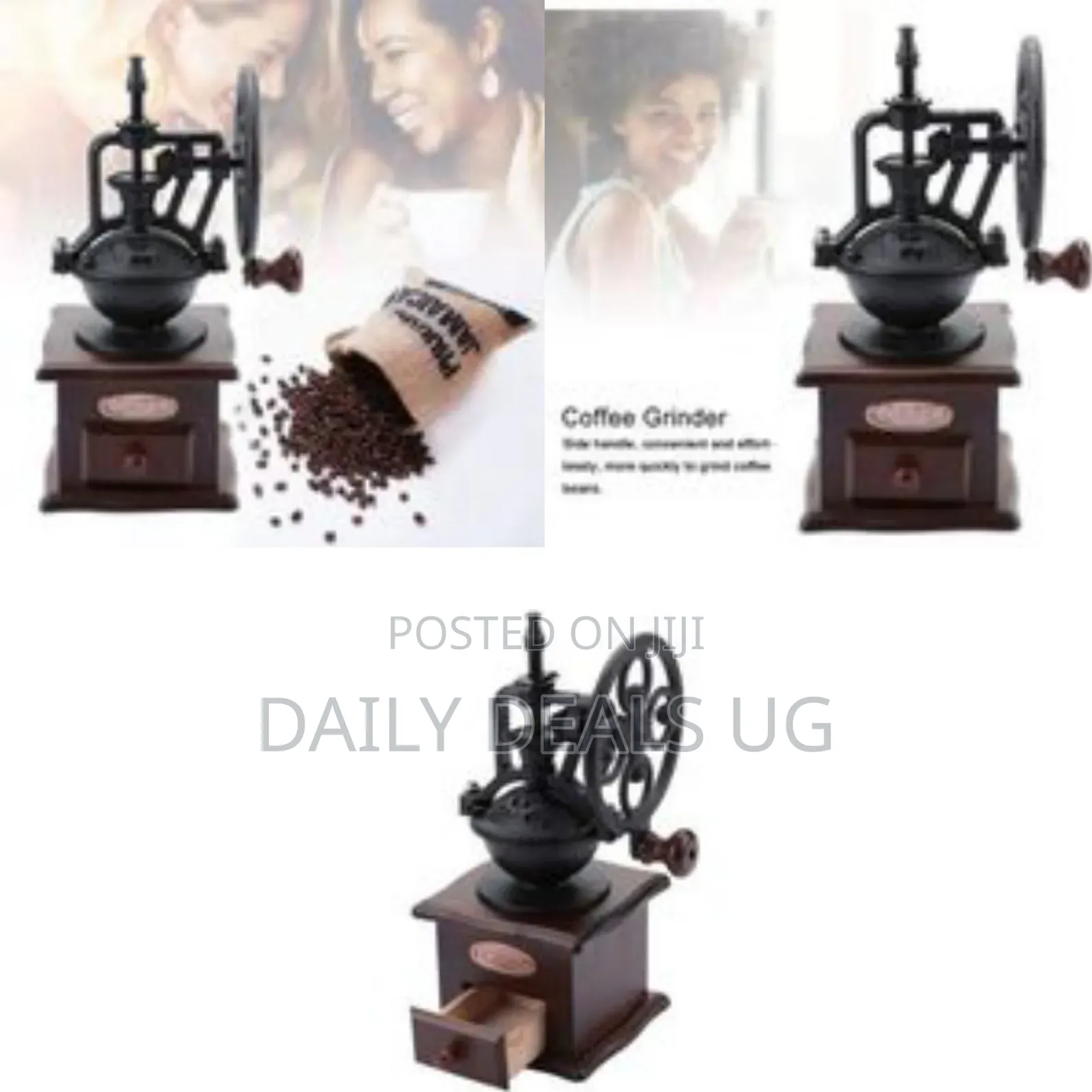 Vintage Manual Crank Coffee Grinder With Wooden Base - Multicolor