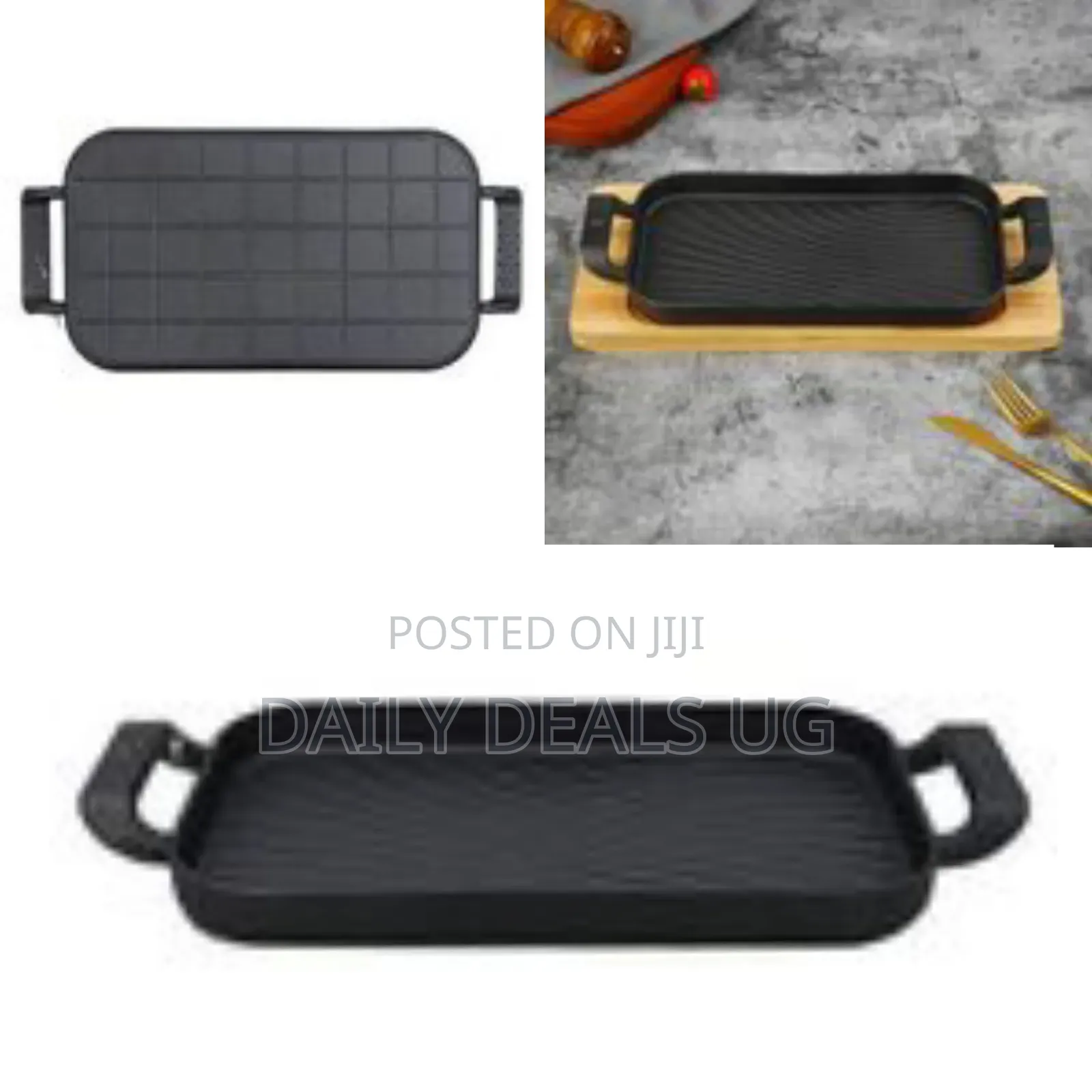 Professional Cast Iron Sizzling Grill Pan With Wooden Base -Multicolor