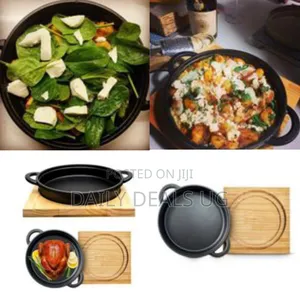 Premium Cast Iron Roasting Pan With Protective Wooden Base -Multicolor
