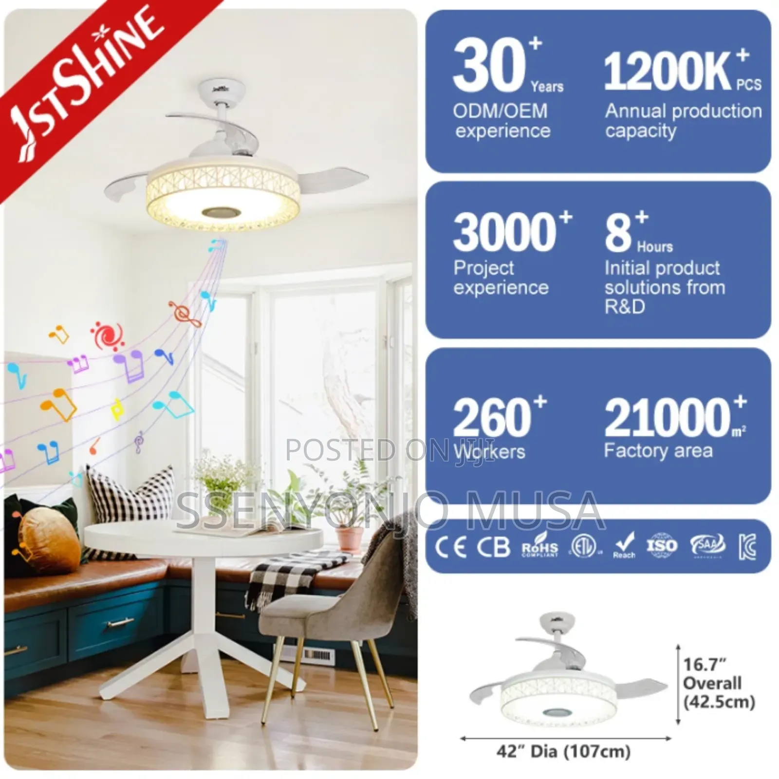 Led Ceiling Fan With Light, Dc Copper Motor, Remote Control, Bt Music.