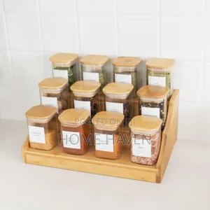 12pcs Bamboo Spice Rack With Square Herb Spice Jars