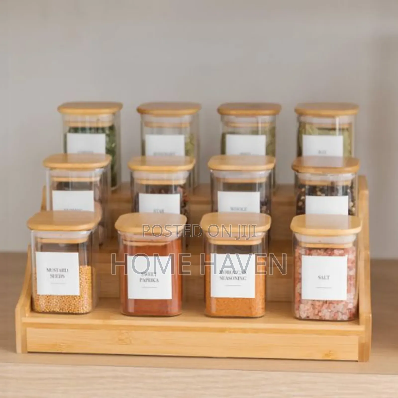 12pcs Bamboo Spice Rack With Square Herb Spice Jars