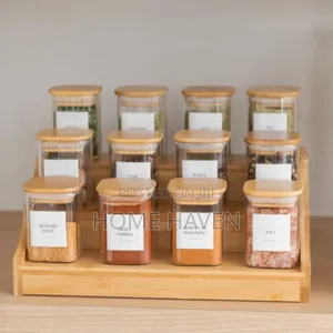 12pcs Bamboo Spice Rack With Square Herb Spice Jars